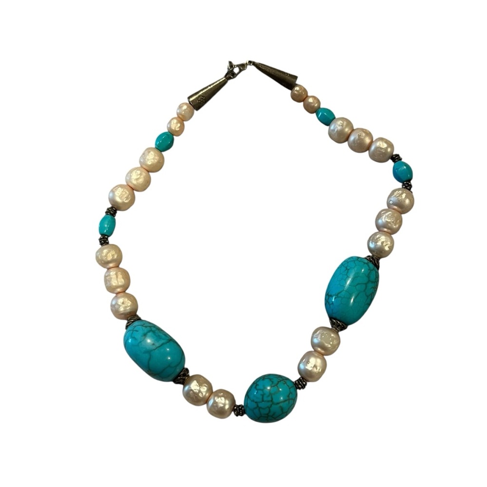 Turquoise Howlite Robin’s Egg Beads And‎ Pearl Choker Necklace Western Bling